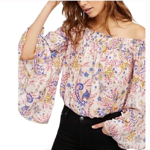 Free People Boho Off Shoulder Bell Sleeve Smocked Floral Blouse - Picture 1 of 14